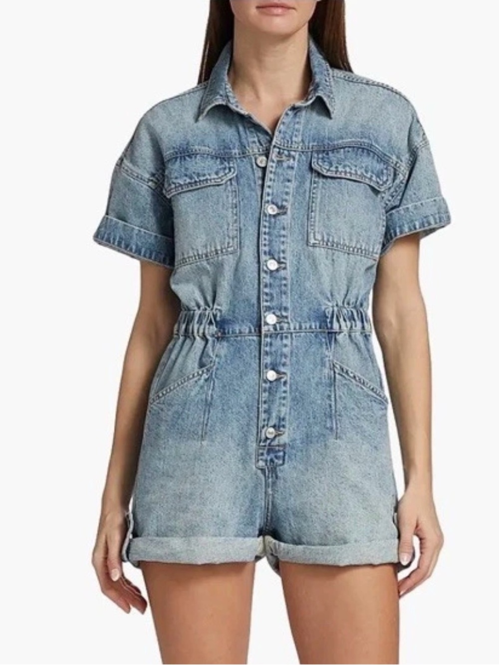 FREE PEOPLE WE THE FREE Marci Cuffed Blue Denim Romper SIZE Small 100% Cotton